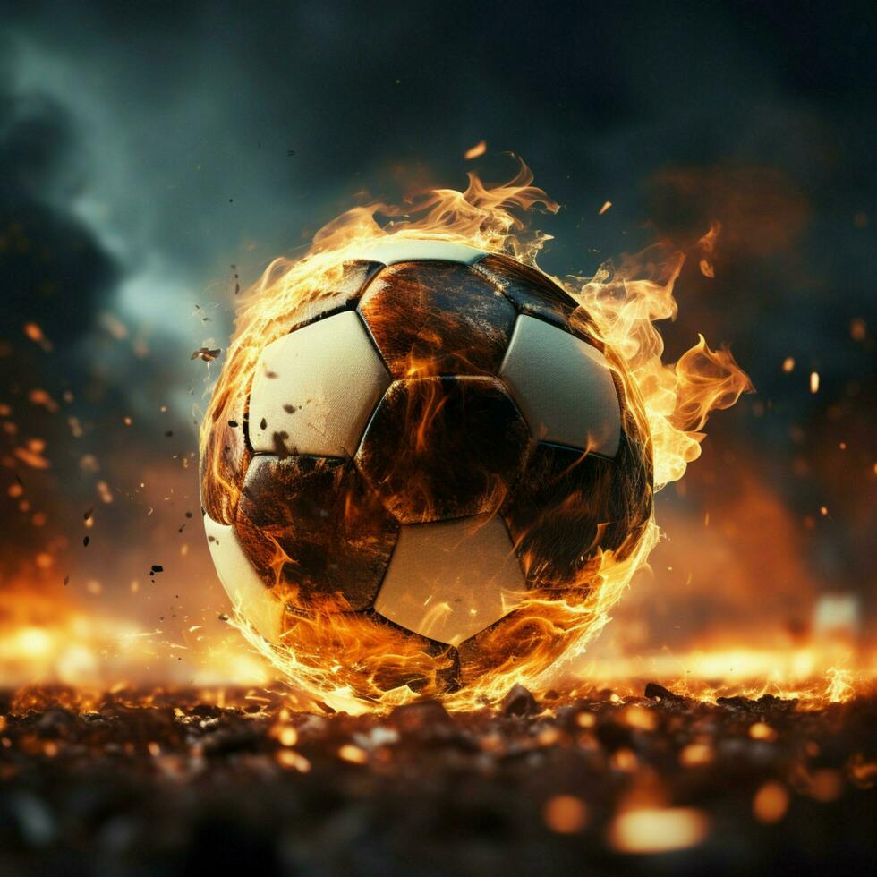Fiery soccer ball, powerfully kicked, close up action in a stadium For Social Media Post Size AI Generated photo