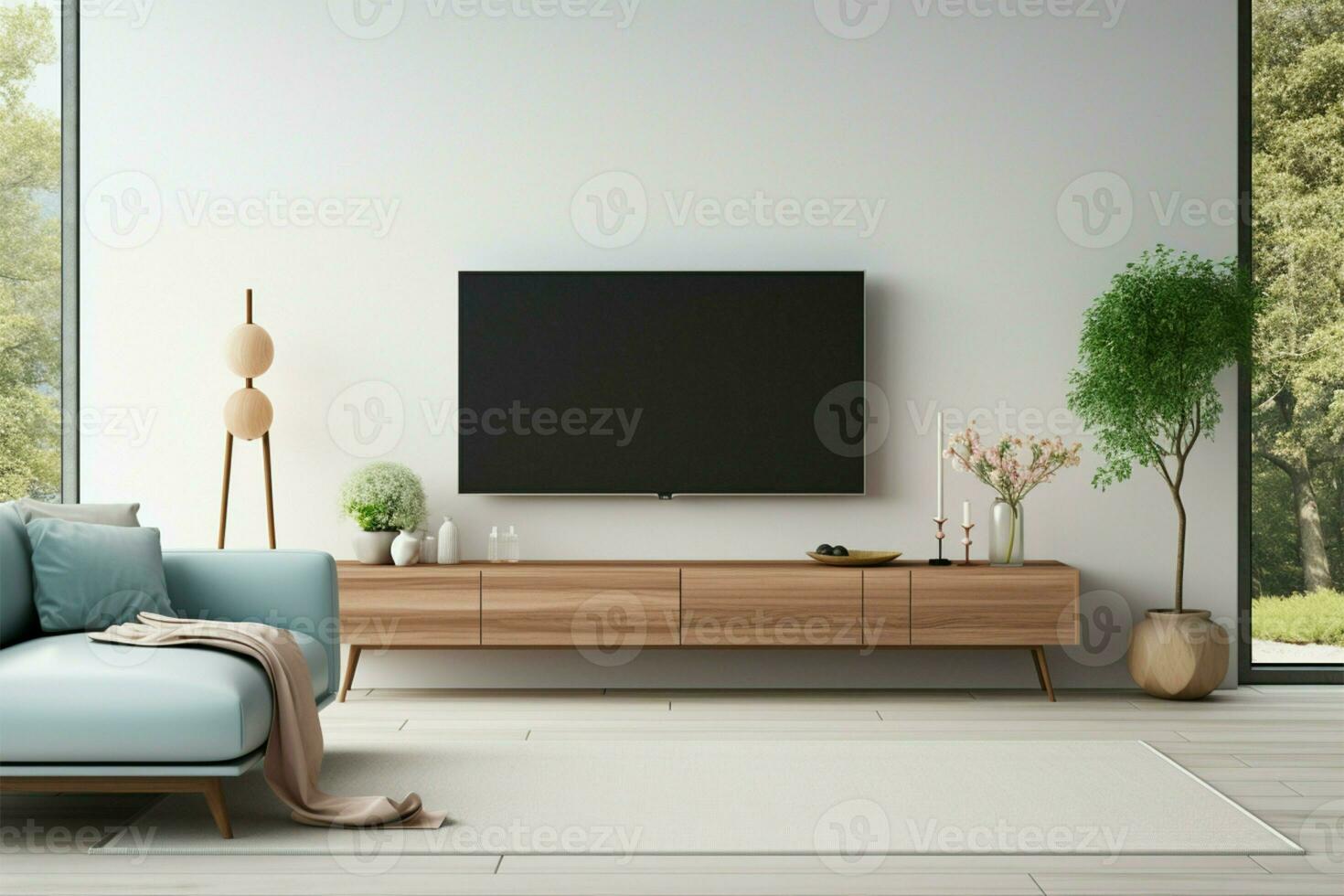 moderno vivo habitación caracteristicas televisión en gabinete en contra un azul pared ai generado foto