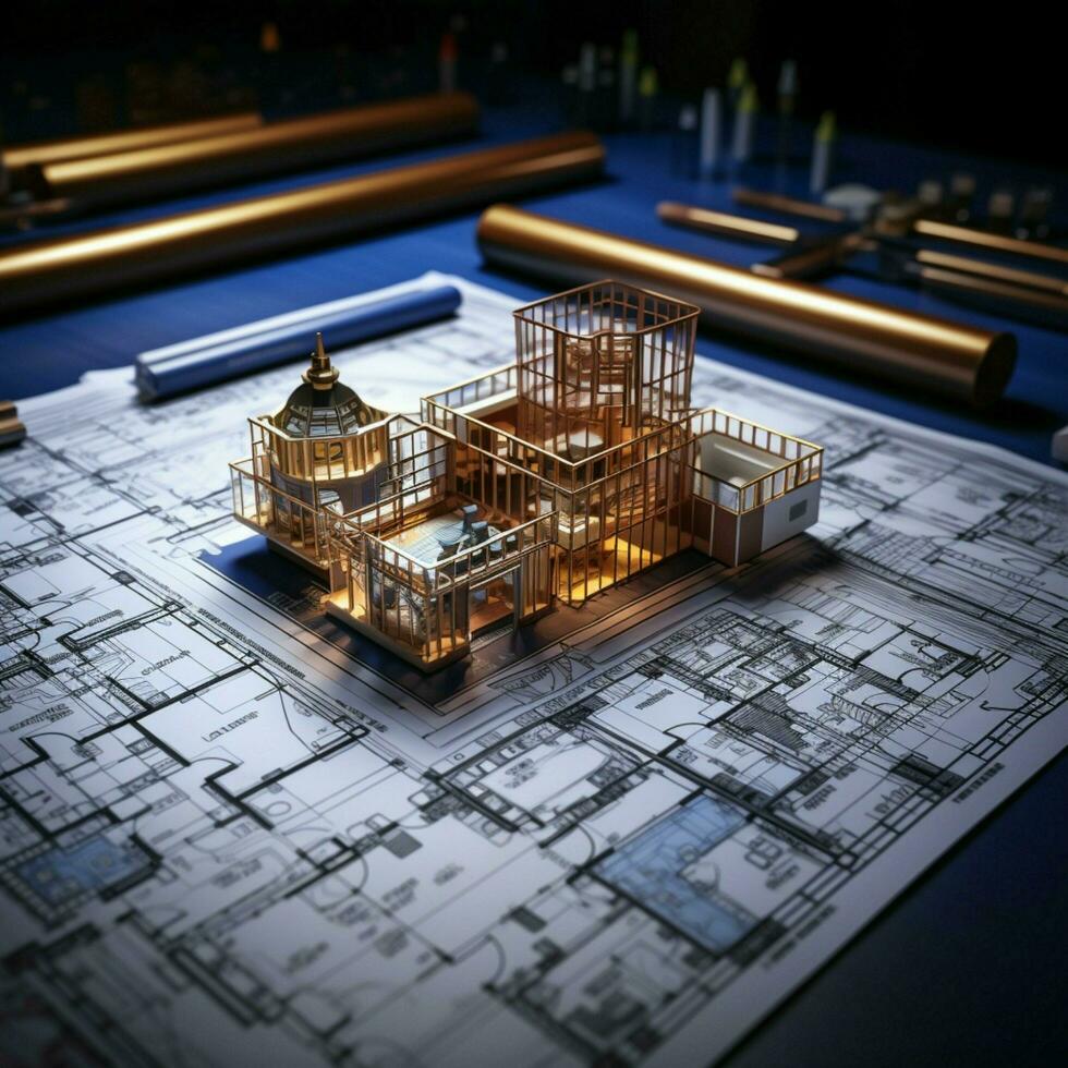 mesa Plano arreglo apilado rollos, arquitectónico diseños exhibido, creativo espacio de trabajo representación para social medios de comunicación enviar Talla ai generado foto