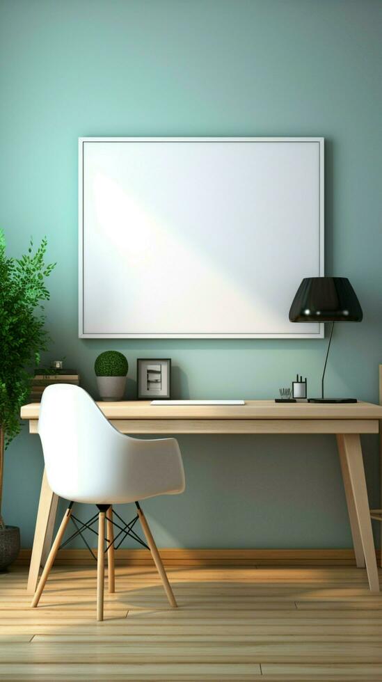 interior espacio de trabajo con un blanco foto marco Bosquejo en el pared vertical móvil fondo de pantalla ai generado