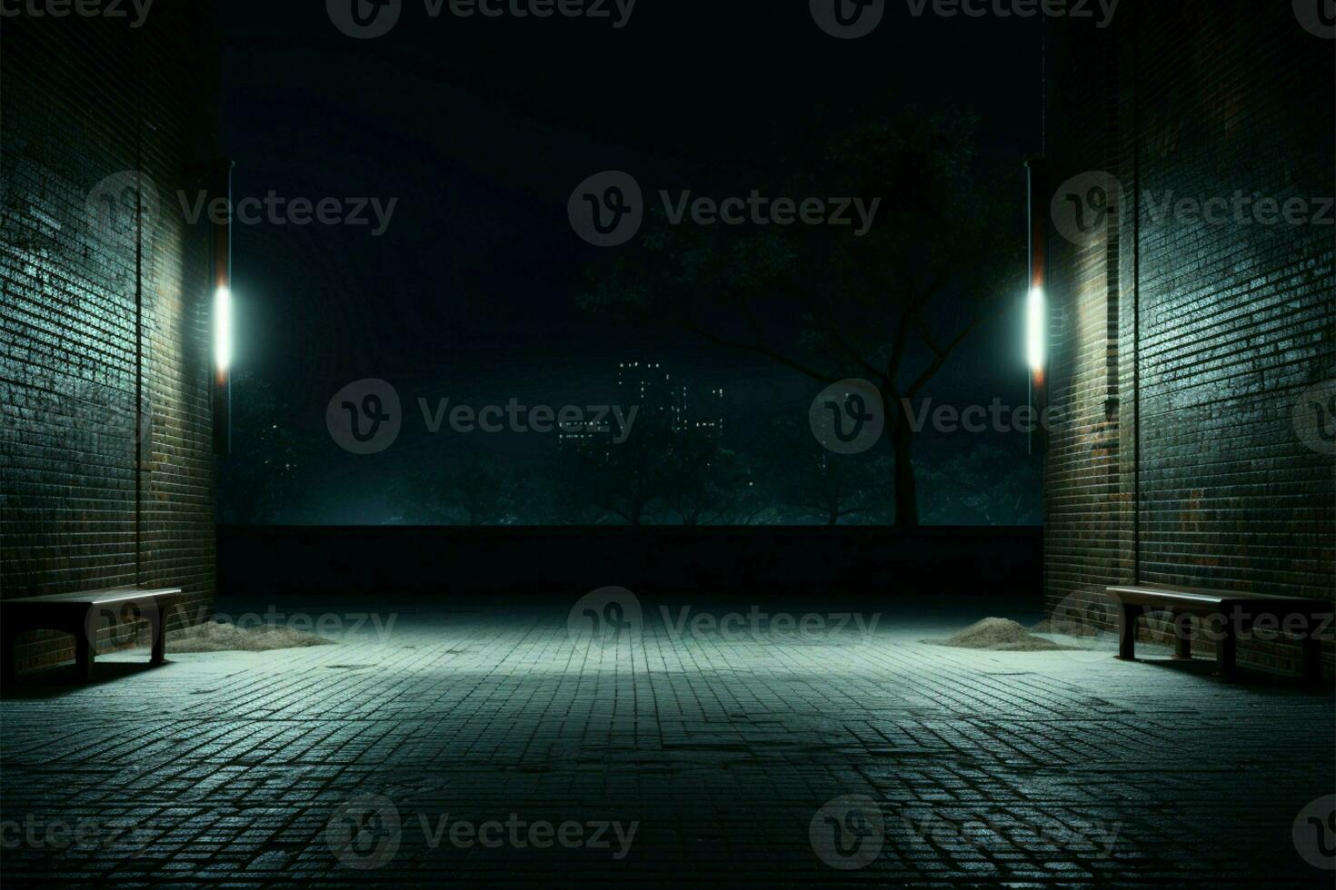 Nocturnal ambiance 3D illustration of empty night scene with brick AI Generated photo