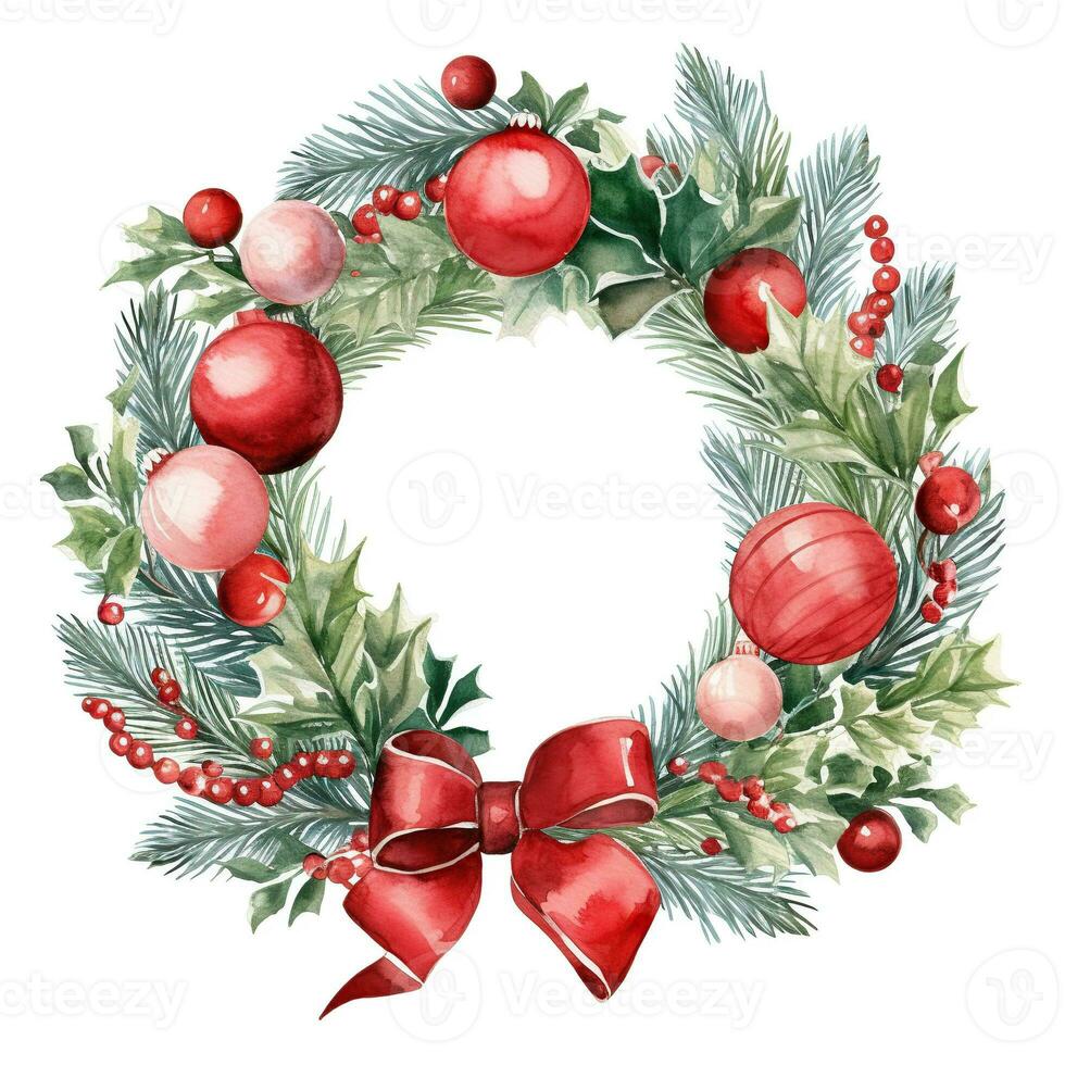 Christmas wreath of red balls and spruce branches. Watercolor illustration. AI Generated photo