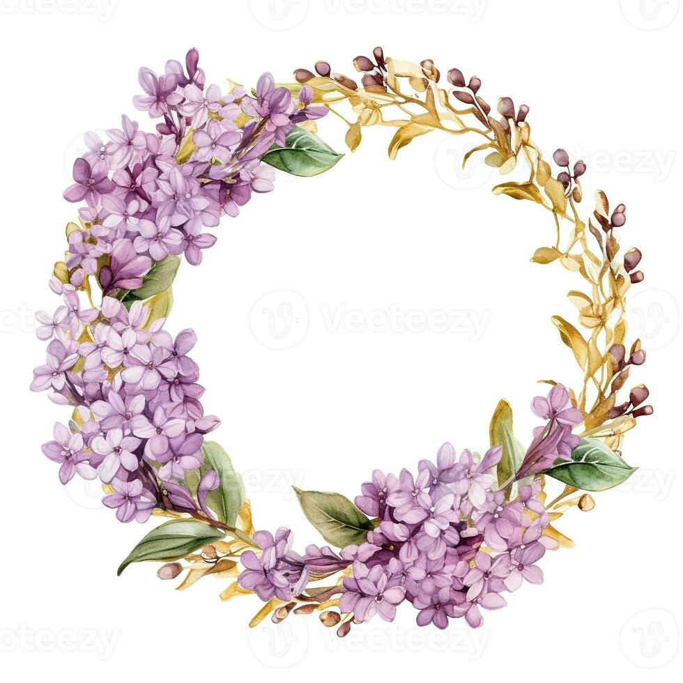 Watercolor floral frame with text space. Watercolor illustration of floral frame with lilac and gold. AI Generated photo