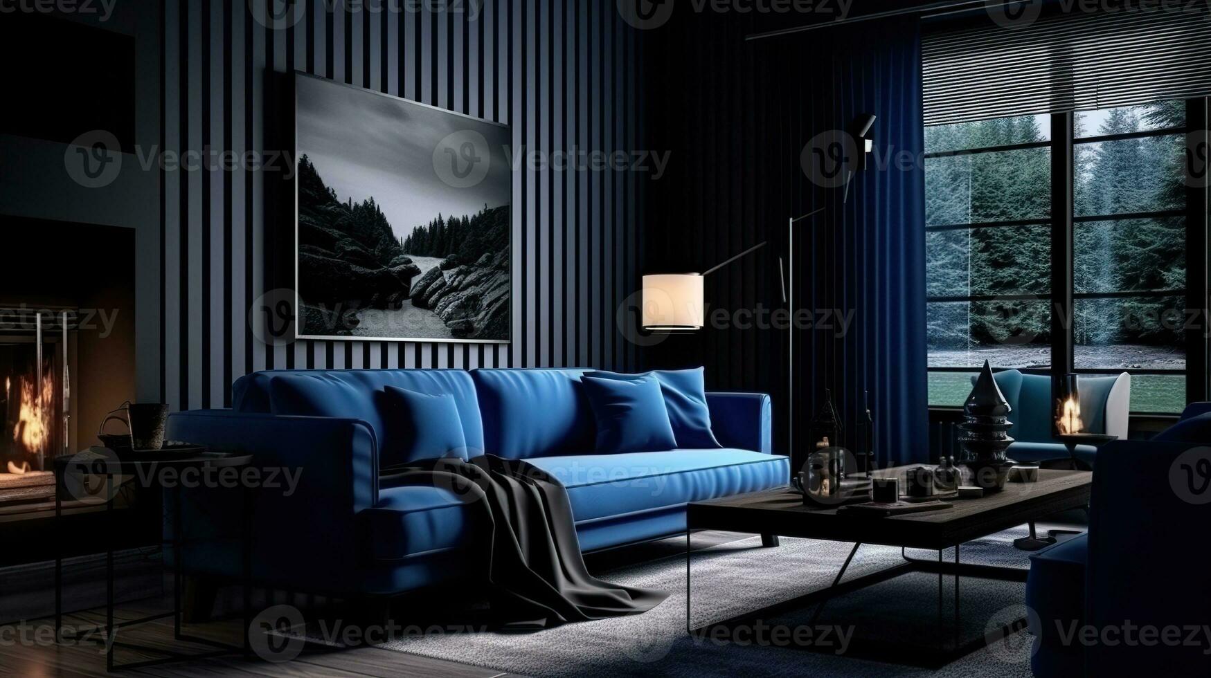 oscuro azul monocromo vivo habitación. interior diseño. ai generado foto