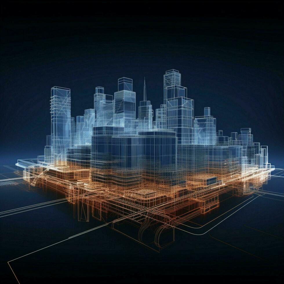 Modern cityscape outline 3D wireframe building design, sketch concept, vector graphic presentation For Social Media Post Size AI Generated photo