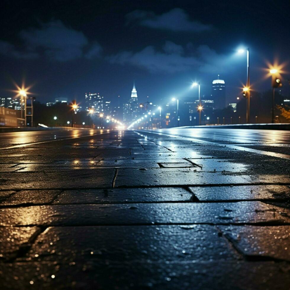 Side view asphalt road on night scene near the modern city For Social Media Post Size AI Generated photo