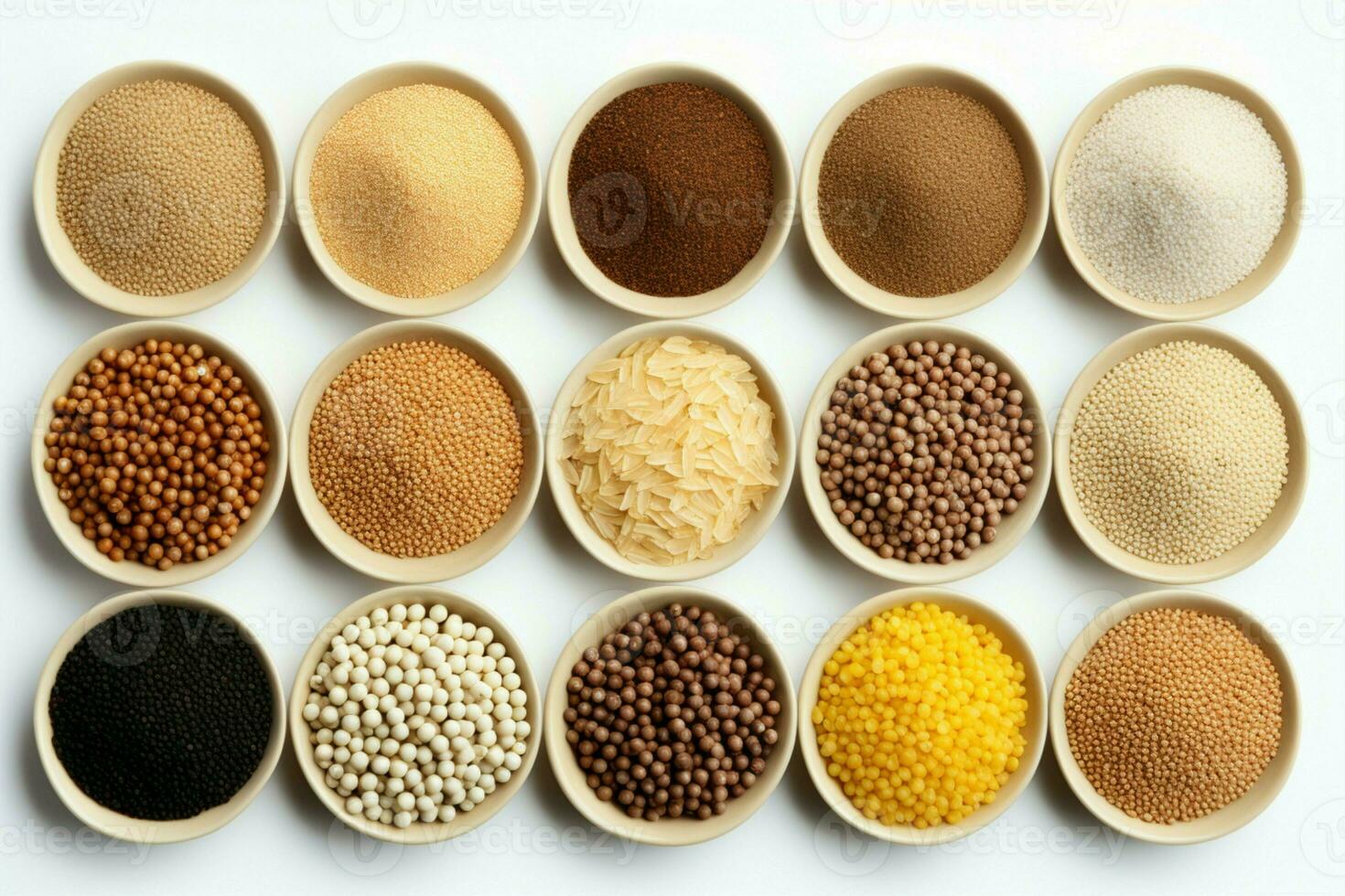 An assortment of isolated cereals and grains set against a white background AI Generated photo