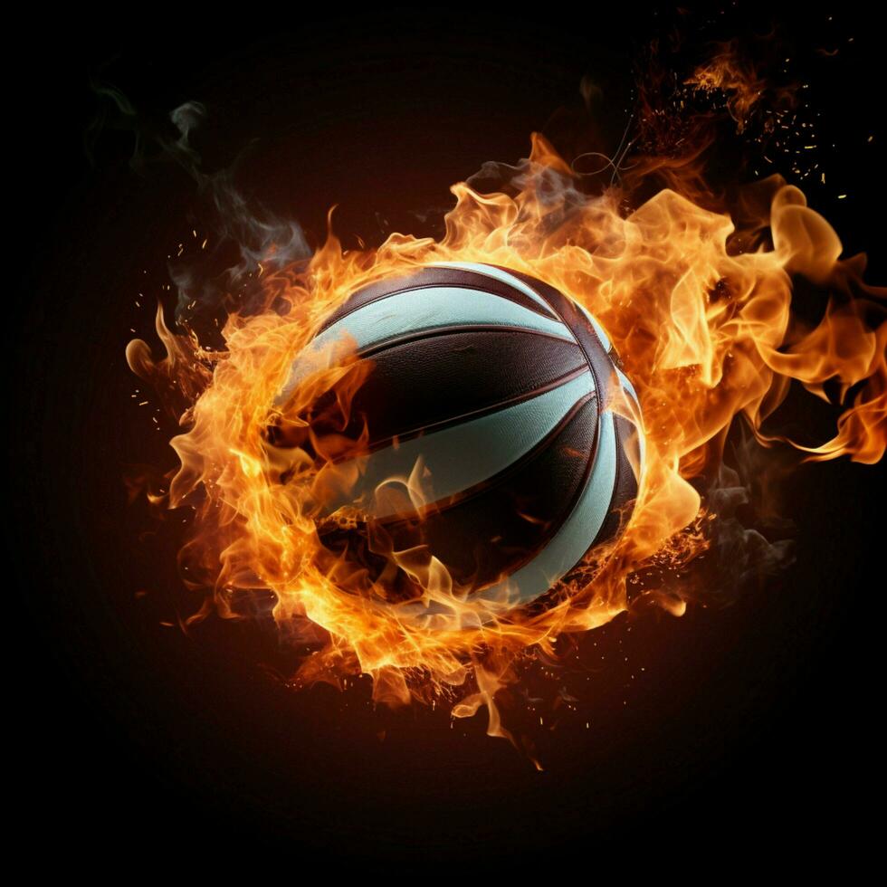 Fiery fervor, Volleyballs intensity portrayed through ball on dark backdrop For Social Media Post Size AI Generated photo