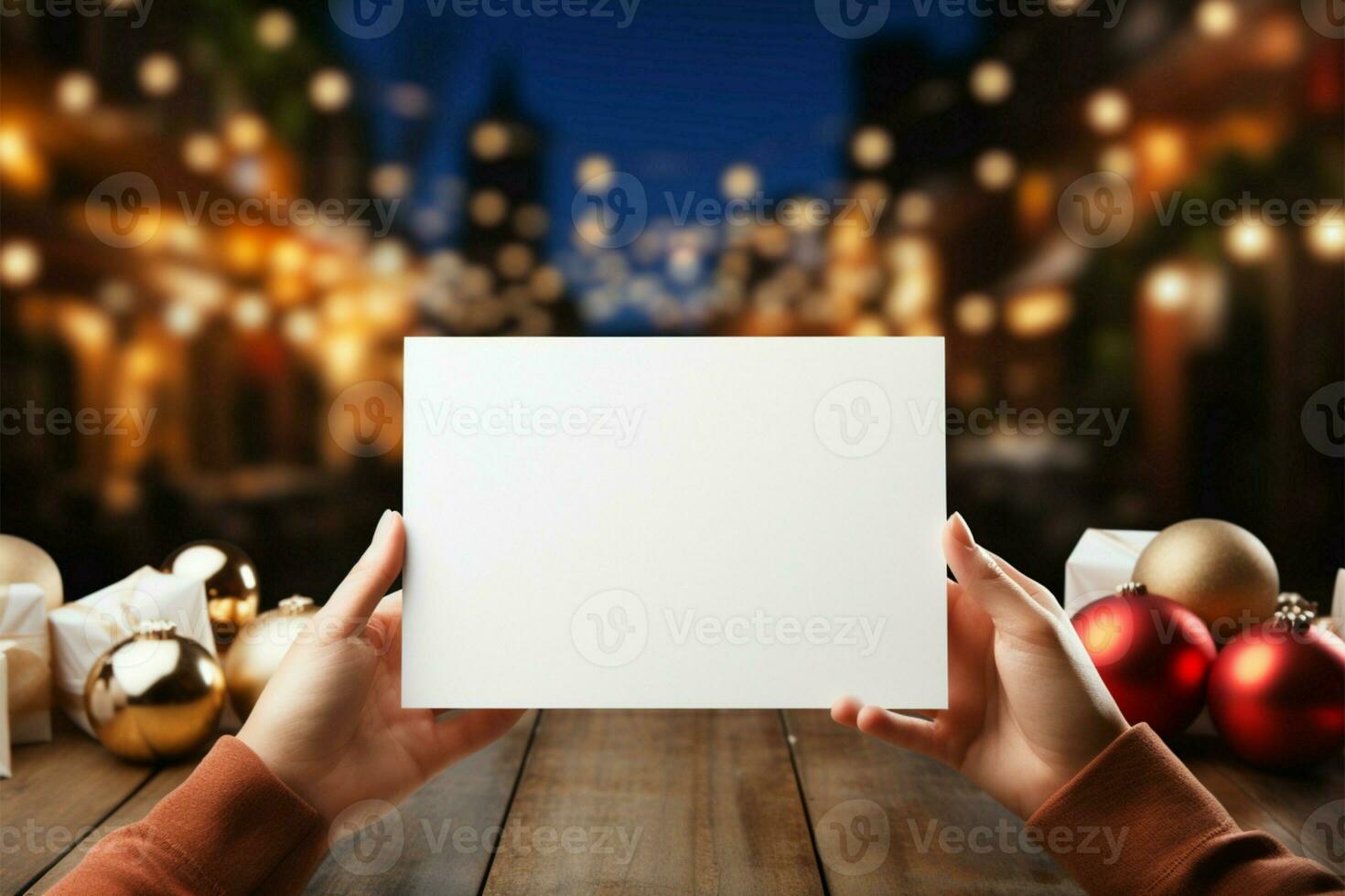 Festive hands hold empty paper AI Generated photo