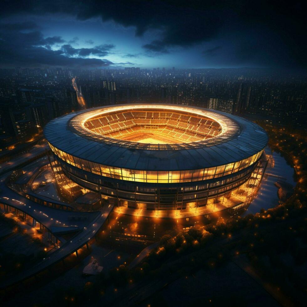 Stadium splendor, 3D top down scene exemplifies soccers nighttime grandeur For Social Media Post Size AI Generated photo