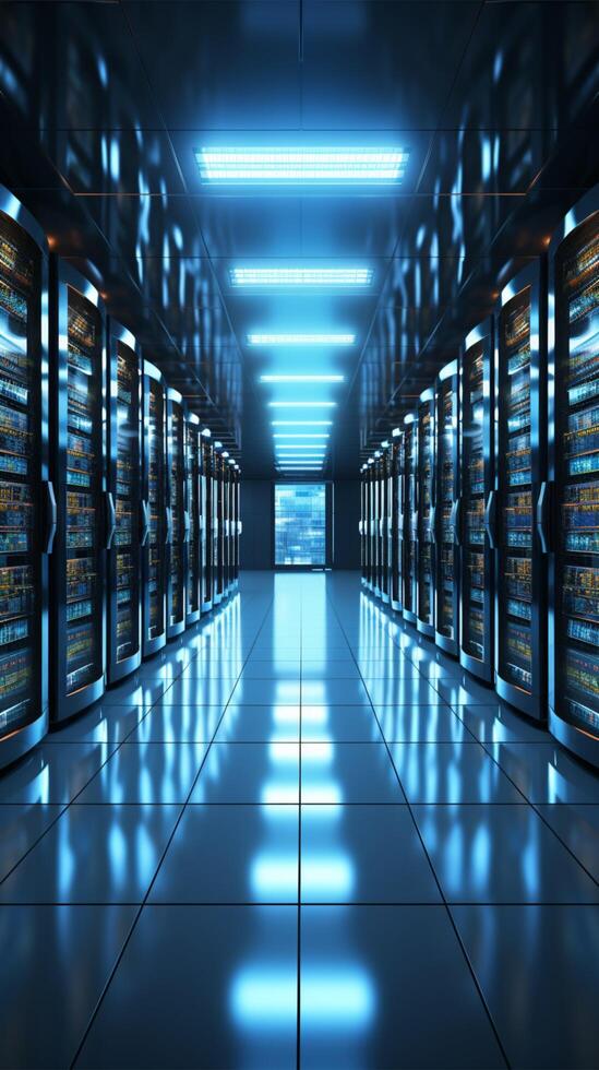 Computer storage systems in a white server room, 3D rendering Vertical