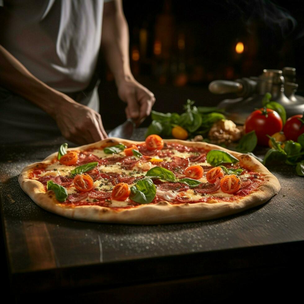 Indulge in gourmet pizzas prepared by our dedicated resident chef For Social Media Post Size AI Generated photo