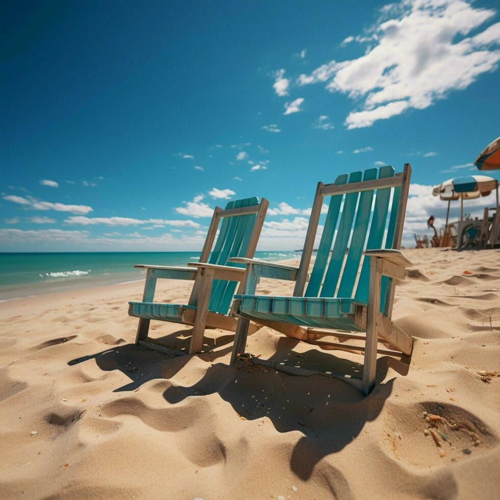 Seaside relaxation Beach chairs on white sand beneath blue sky, basking in sunlight For Social Media Post Size AI Generated photo