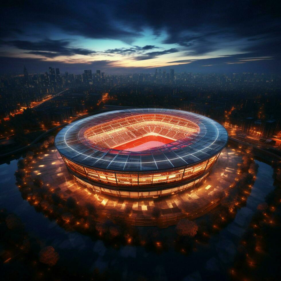 Night stadiums majesty, 3D top down view captures soccers grandeur For Social Media Post Size AI Generated photo