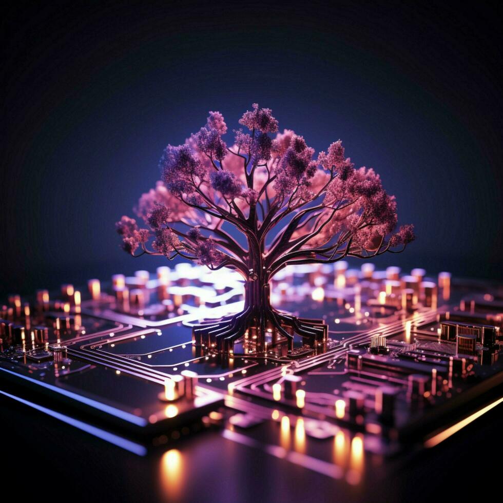 Abstract 3D tree Pink and purple circuits on a dark backdrop For Social Media Post Size AI Generated photo