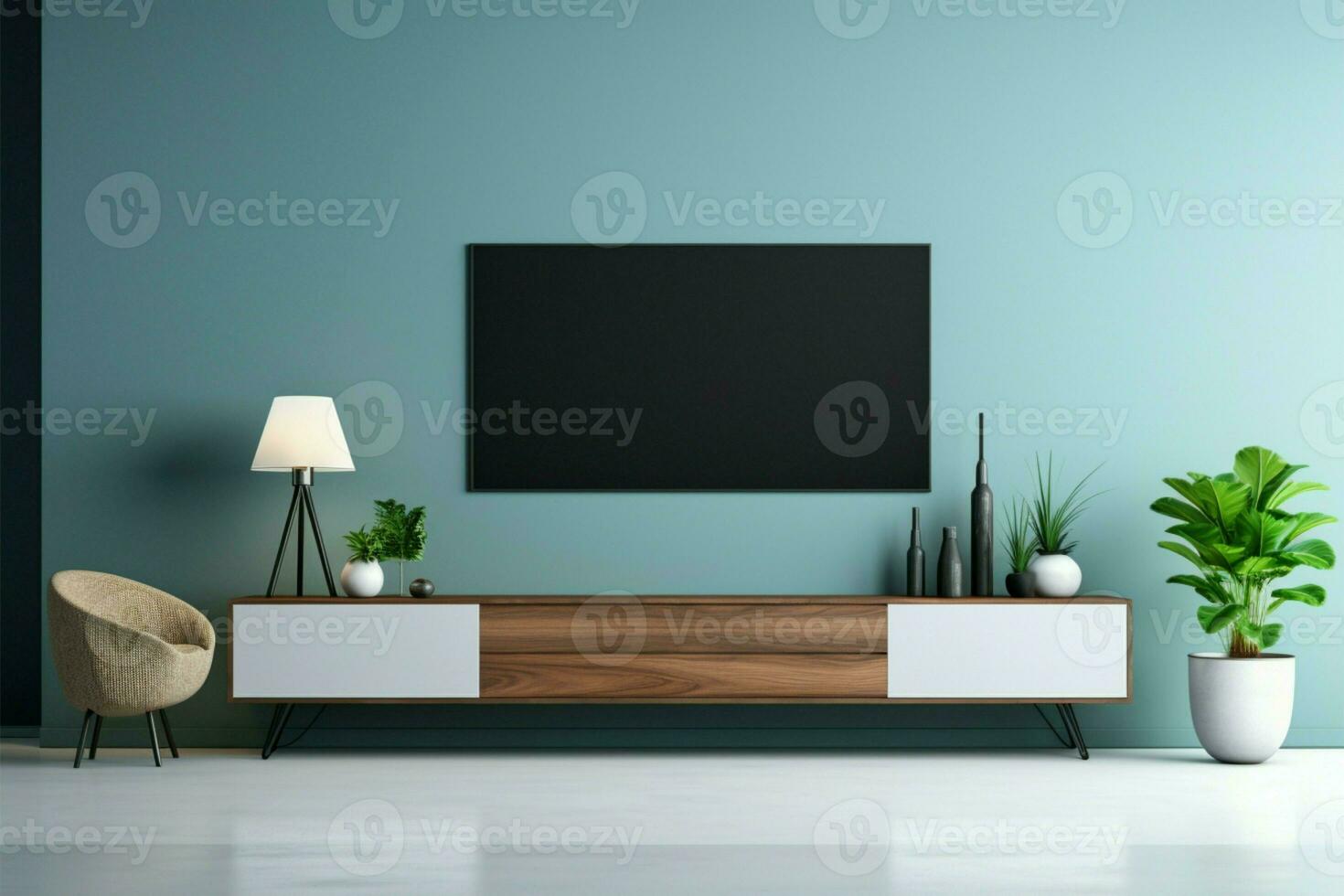 Contemporary living space showcases TV on a stylish cabinet, blue wall AI Generated photo