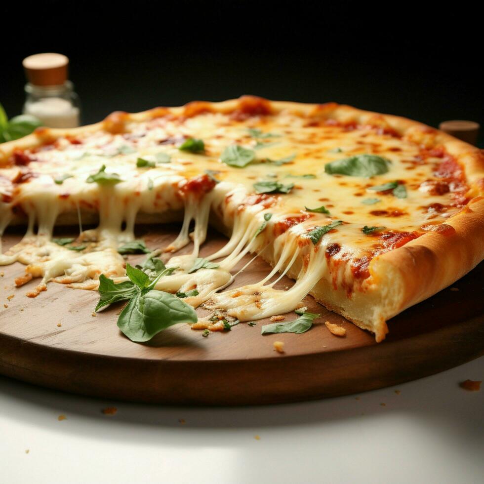 deliciosamente caseoso italiano Pizza rebanada, con cuatro quesos y albahaca para social medios de comunicación enviar Talla ai generado foto