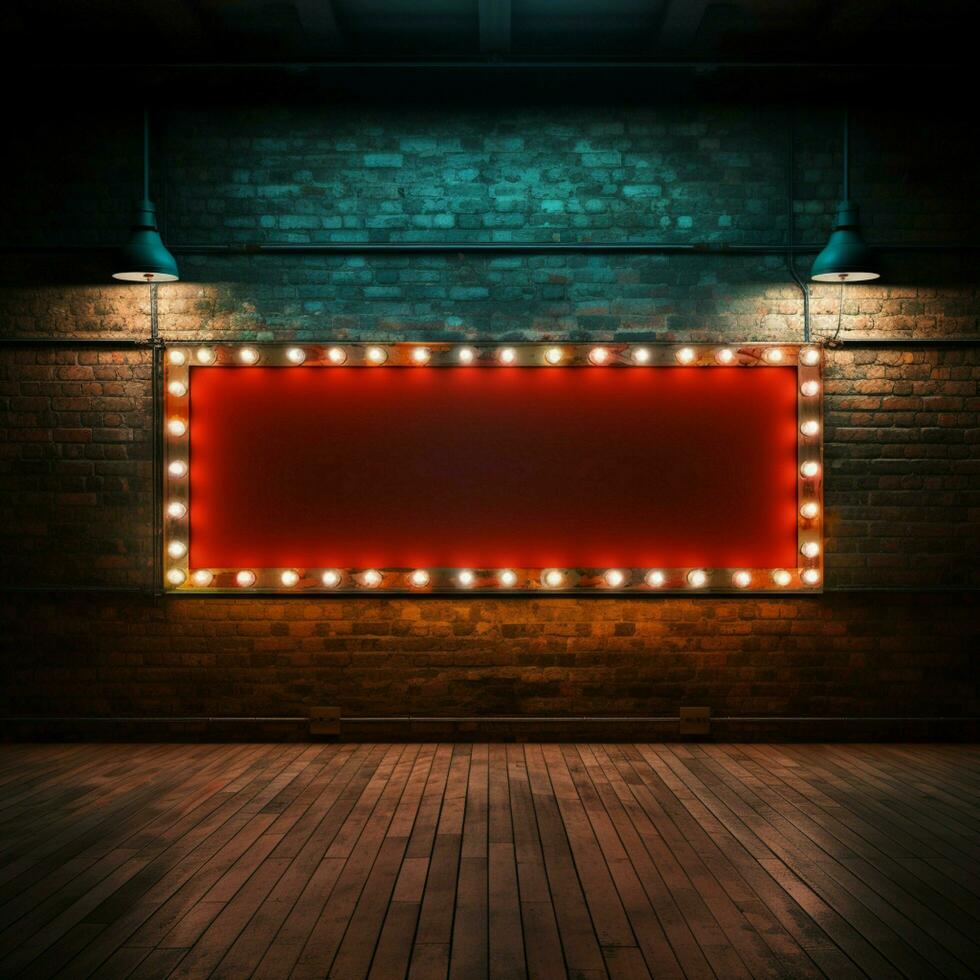 Empty long billboard sign framed in neon on a vintage brick wall For Social Media Post Size AI Generated photo