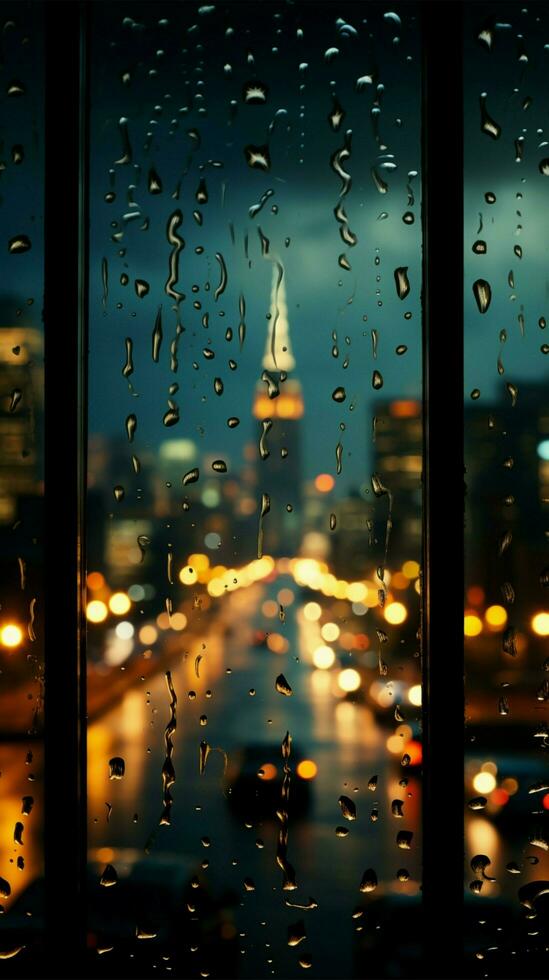 noche ciudades luces difuso mediante vaso, gotas de lluvia creando un soñador fondo vertical móvil fondo de pantalla ai generado foto