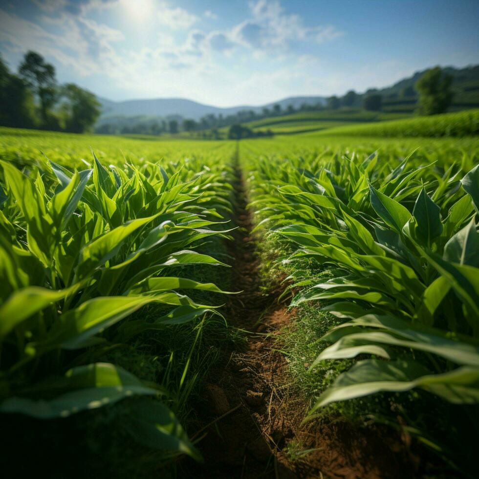 Sprouting corn lines private field, lush green rows grace agricultural landscape For Social Media Post Size AI Generated photo