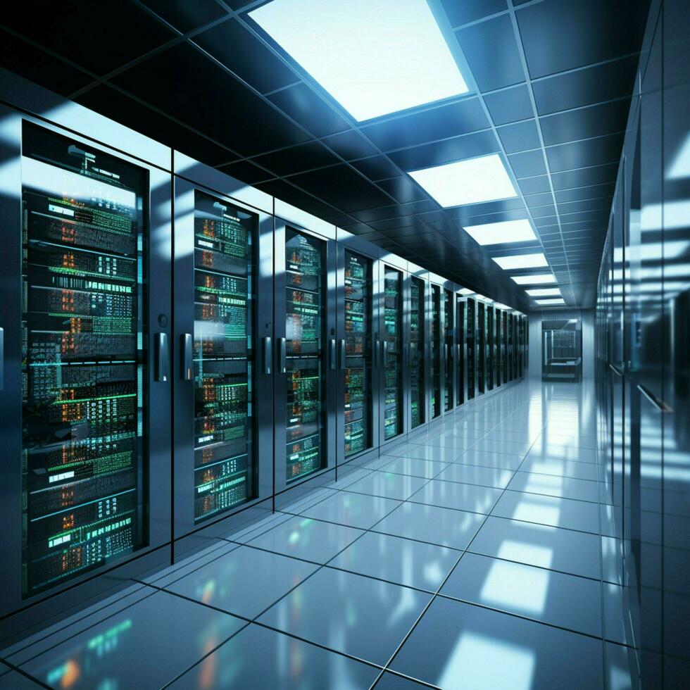 Computer storage systems in a white server room, 3D rendering For