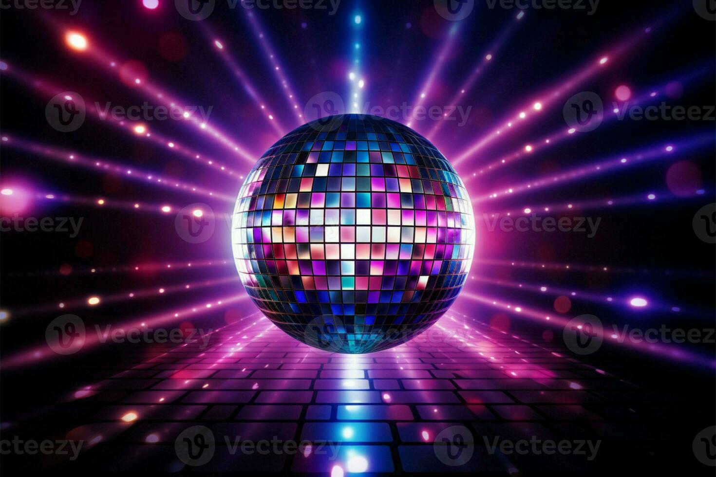 Vibrant neon lit background with a 3D rendered shiny disco ball AI Generated photo