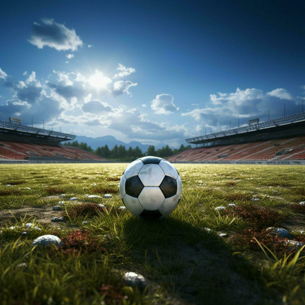 el corazón de fútbol, un prístino, verde campo debajo el abierto cielo para social medios de comunicación enviar Talla ai generado foto