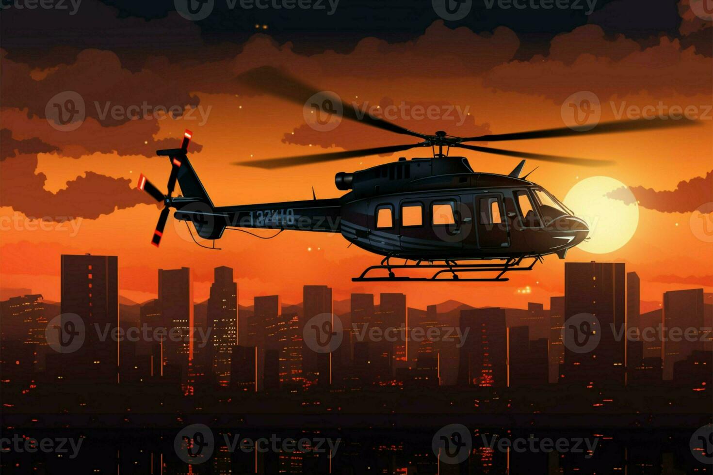 The silhouette of a utility helicopter and city tower on orange AI Generated photo