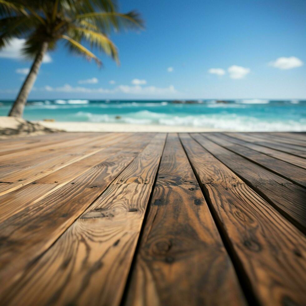 Wood floor deck on blur beach background can be used for display or montage your products For Social Media Post Size AI Generated photo