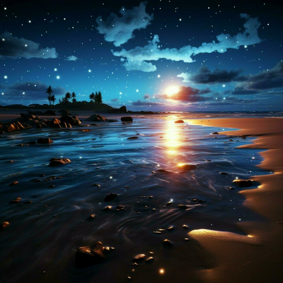 Midnights shoreline magic Waves weave dreams on sandy beach beneath starlit heavens For Social Media Post Size AI Generated photo