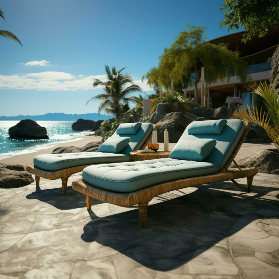 Beachfront reprieve Chaise lounges offer comfort against the backdrop of the ocean For Social Media Post Size AI Generated photo