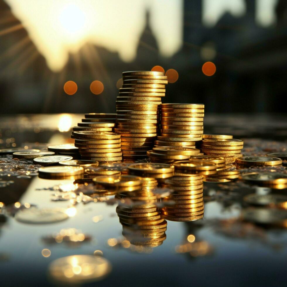 iluminado por el sol moneda columnas estar alto, representando riqueza y estratégico financiero planificación para social medios de comunicación enviar Talla ai generado foto