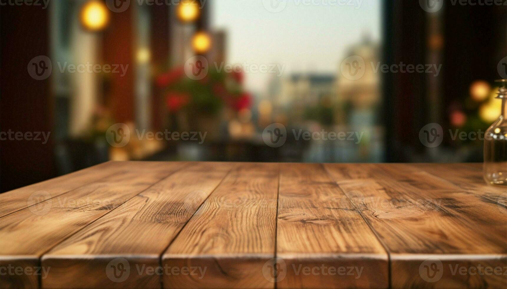 Restaurant ambiance enhances this empty wooden table for product presentation AI Generated photo