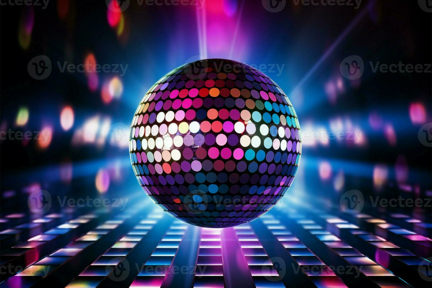 A 3D rendered disco ball gleams against neon light backdrop AI Generated photo