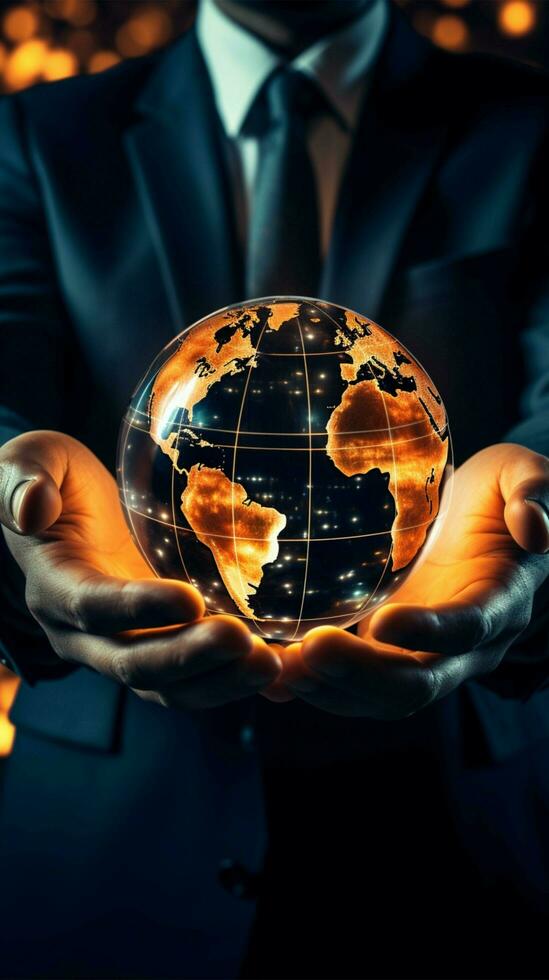 Businessman engages holographic globe, handshaking amid tech networking and globalization Vertical Mobile Wallpaper AI Generated photo