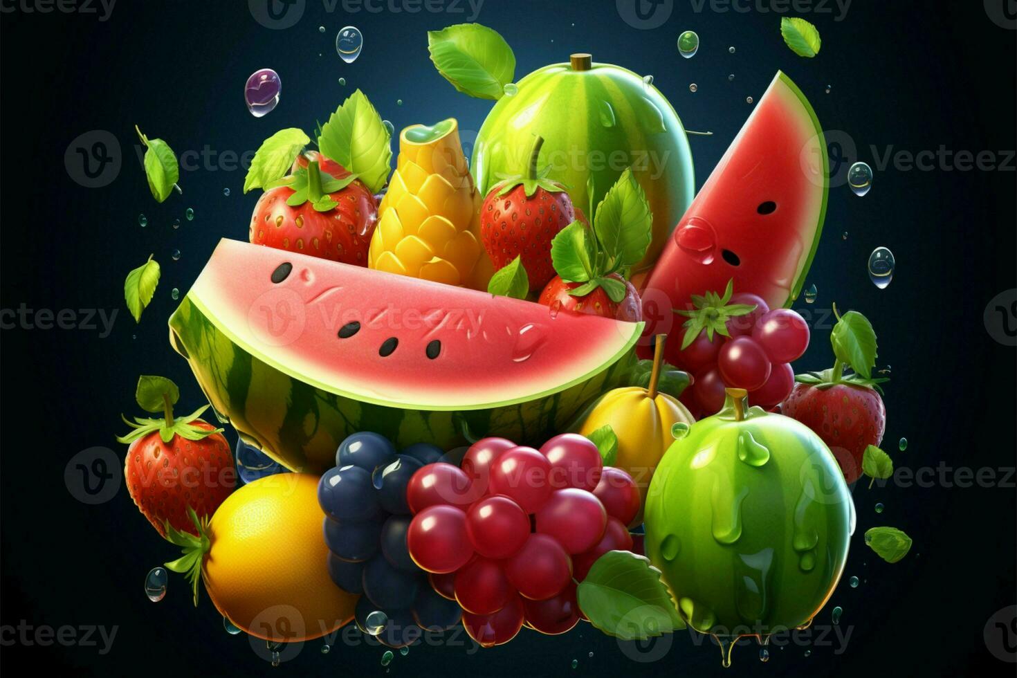 Game logo and 3D icons featuring watermelon, cherries, grapes, and lemon AI Generated photo