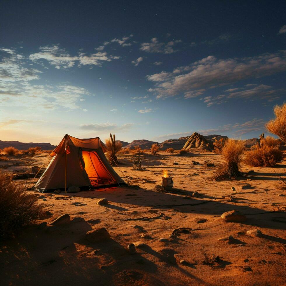 Desierto soledad acampar solo en medio de arenoso desierto, lejos desde bullicioso mundo para social medios de comunicación enviar Talla ai generado foto