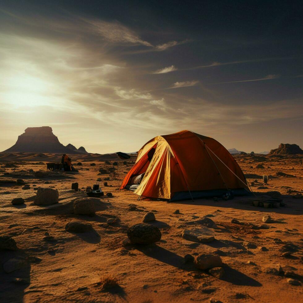 arenoso soledad cámping solo en estéril desierto, lejos desde civilizaciones bullicio para social medios de comunicación enviar Talla ai generado foto