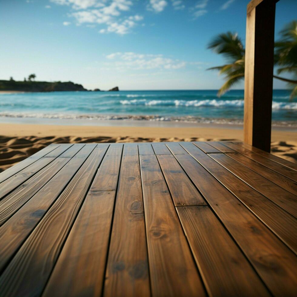Seaside marketing Wood floor deck set against blurred beach, perfect for product showcases For Social Media Post Size AI Generated photo