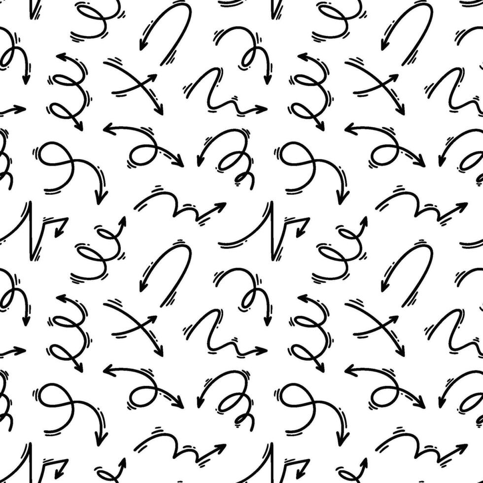 Doodle arrow seamless pattern. Squiggle, scribble, swoosh, swirl drawing. Vector illustration with manga and carton style design elements. Trendy childish background
