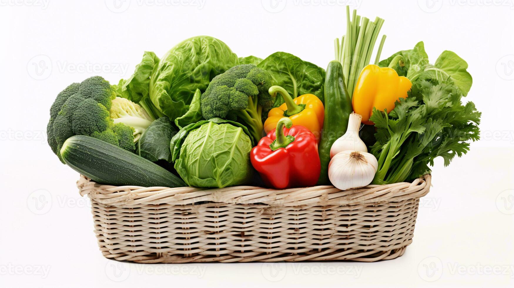 A white basket full vegetables in  white background photo