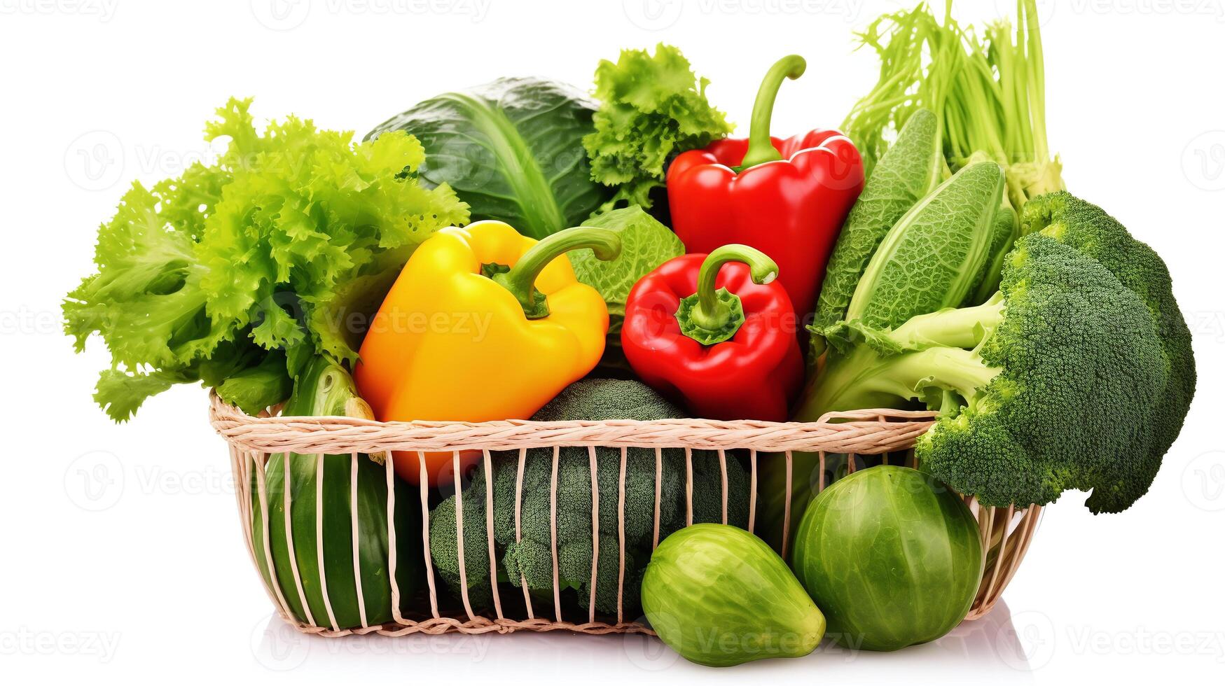 A white basket full vegetables in  white background photo