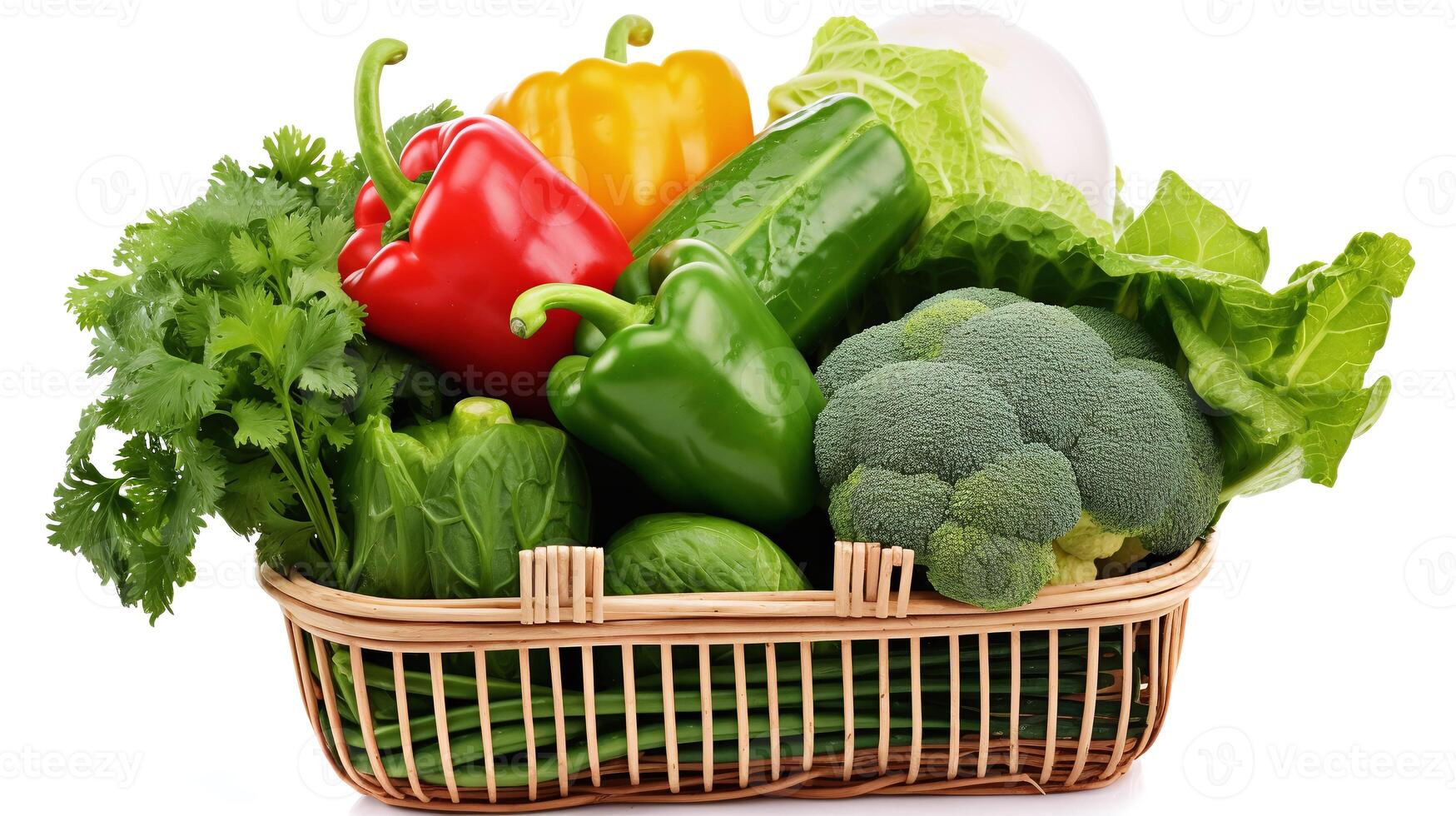 A white basket full vegetables in  white background photo