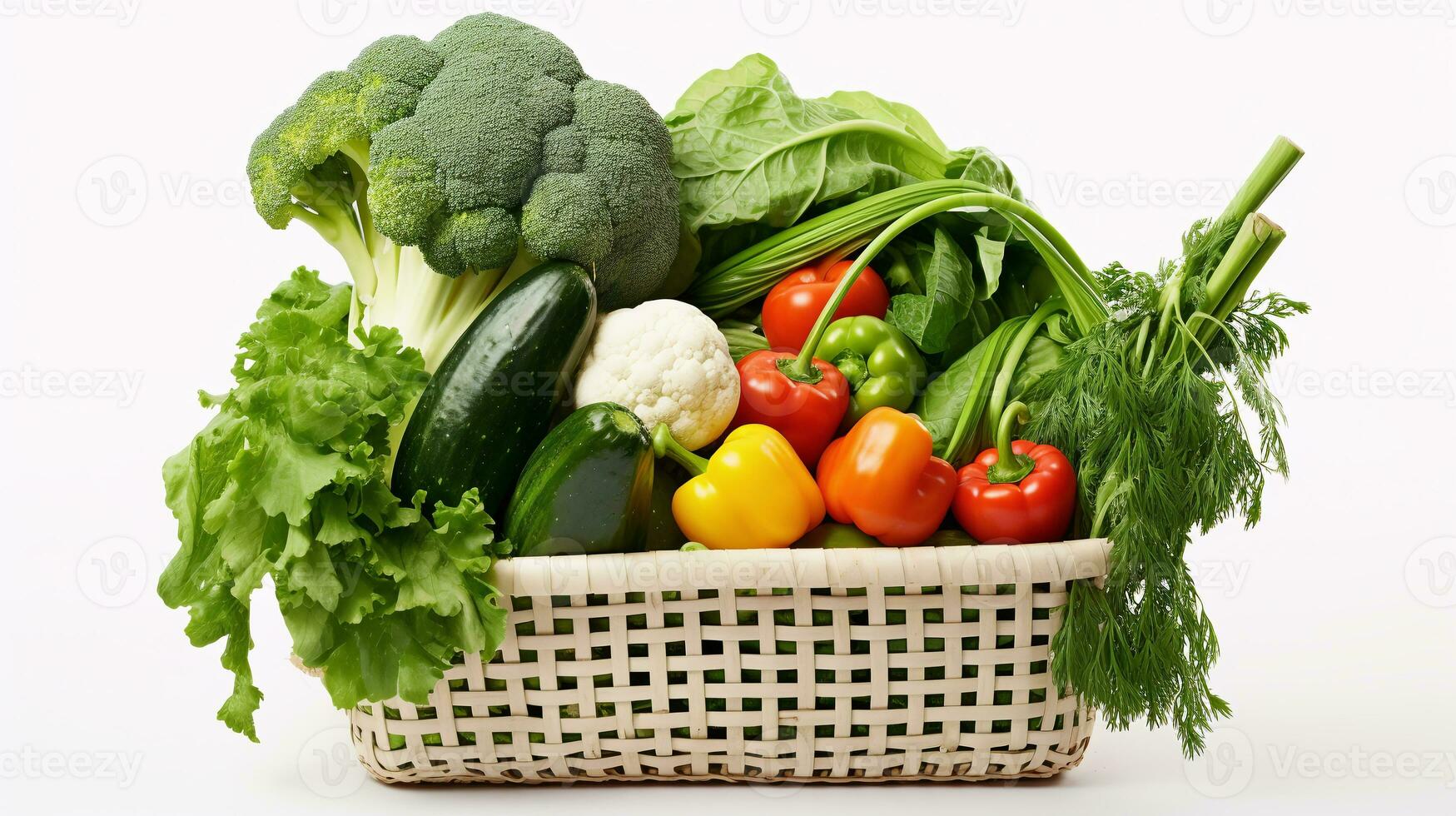 A white basket full vegetables in  white background photo