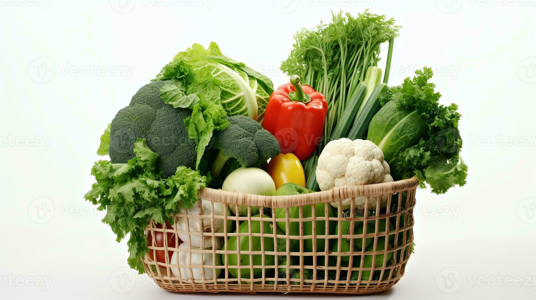 A white basket full vegetables in  white background photo