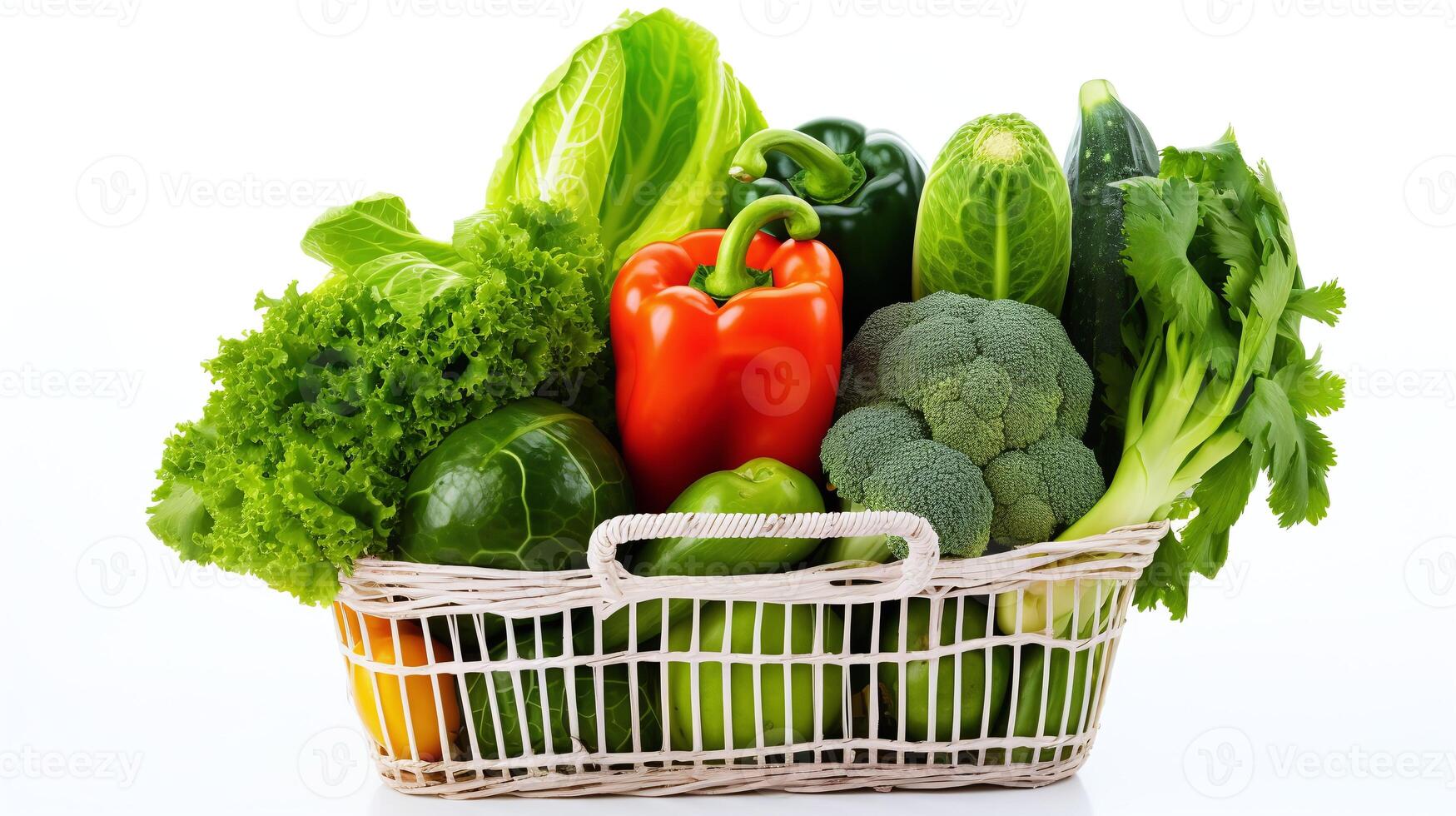 un blanco cesta lleno vegetales en blanco antecedentes foto