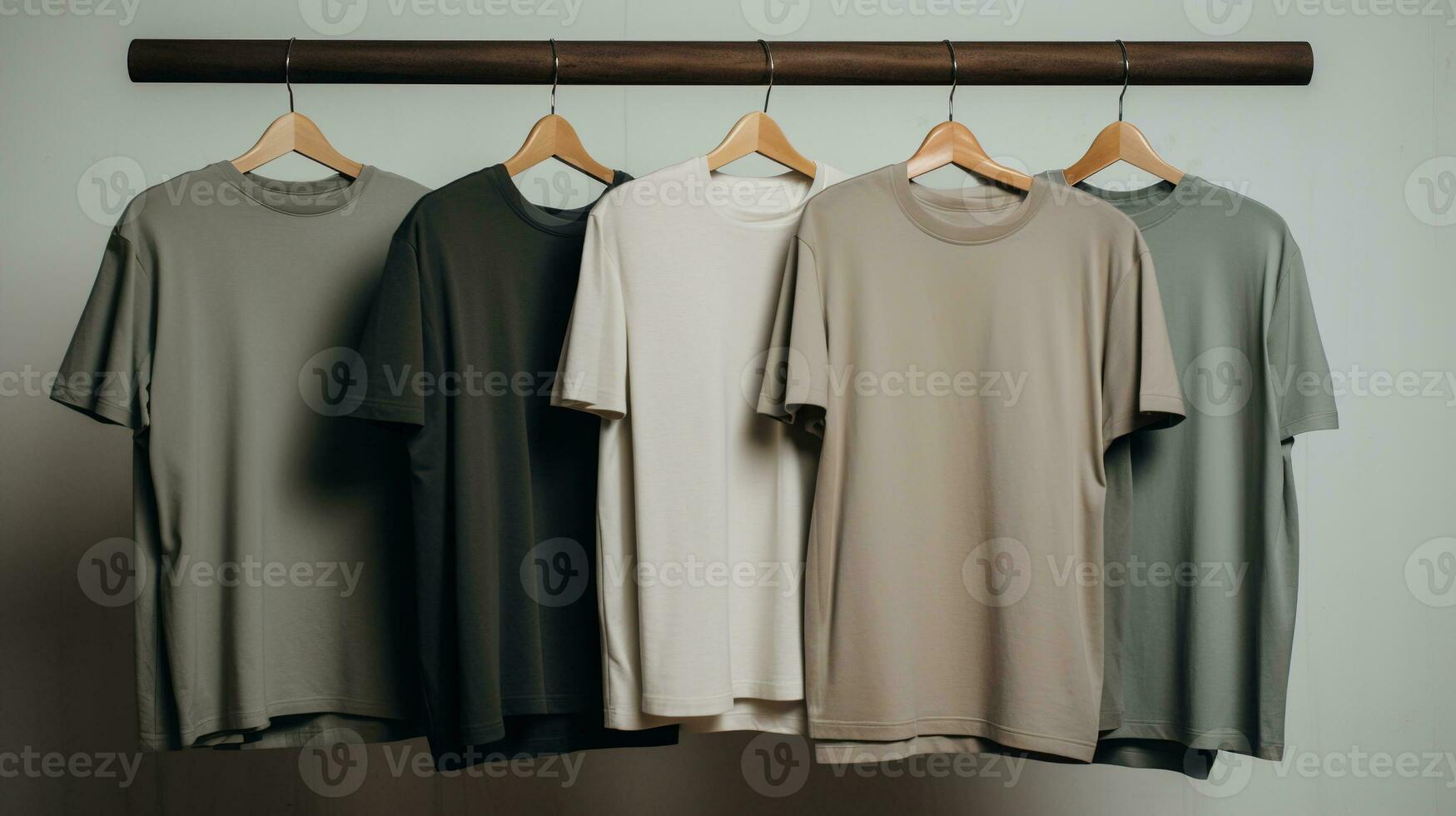 Generative AI, Colorful muted colors t-shirts on hangers, apparel background, print on demand concept, cloth store photo