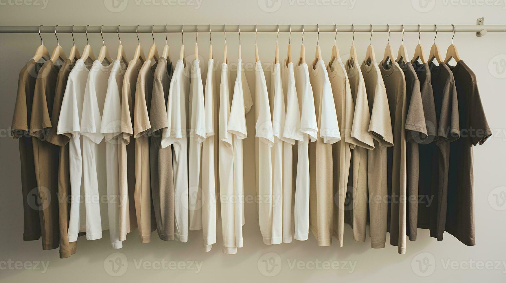Generative AI, Colorful muted colors t-shirts on hangers, apparel background, print on demand concept, cloth store photo