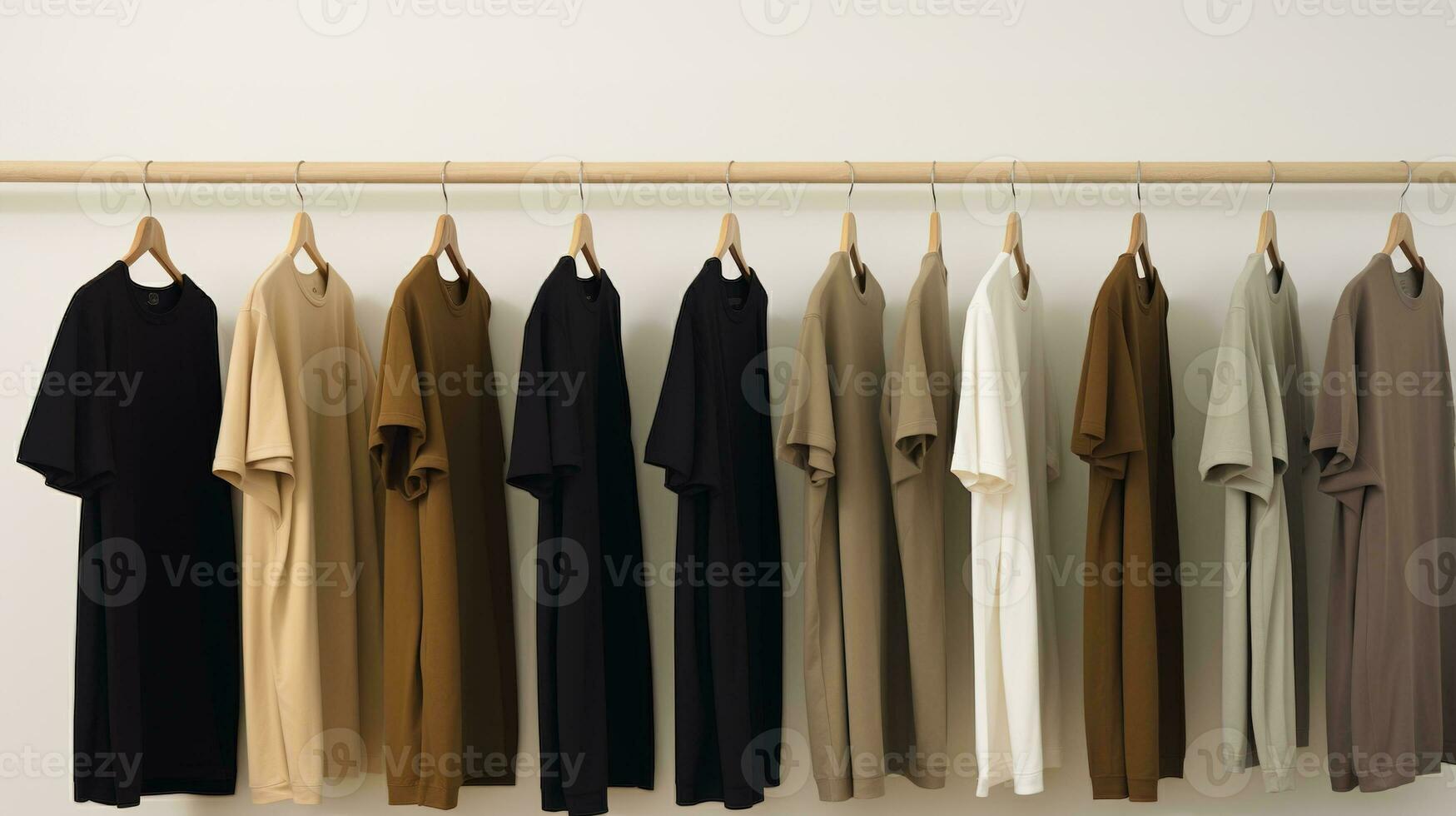 Generative AI, Colorful muted colors t-shirts on hangers, apparel background, print on demand concept, cloth store photo