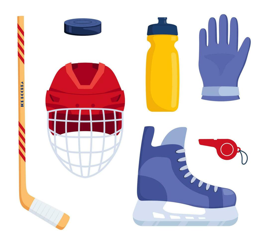Set of hockey equipment. Helmet, gloves, stick, puck, skates, whistle, water bottle. Vector illustration.